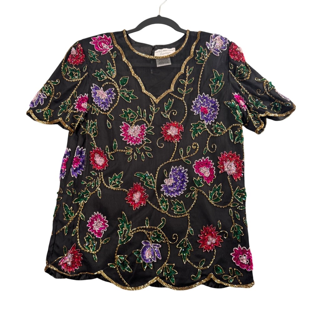 Vintage Dark Romantic Whimsigoth Witchy Silk‎ Beaded Floral Sequin Top S Black